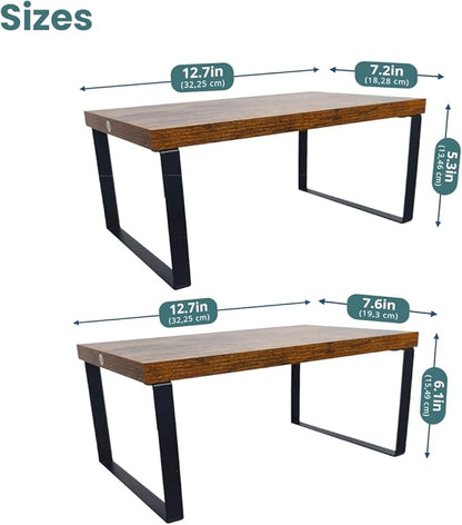 Sben Cabinet Organizer Shelf, Set of 2 Kitchen Counter Shelves, Kitchen Storage, Spice Rack, Stackable, Expandable, Metal and Engineered Wood, Ink Black and Rustic Brown