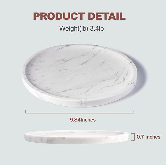 Natural Marble Decorative Tray for Bathroom Bedroom Kitchen Dresser, 9.8” Round Vanity Trays for Jewelry, Perfume, Cosmetic, Candle, Countertop Storage Organizer for Home Decor White (Volakas)