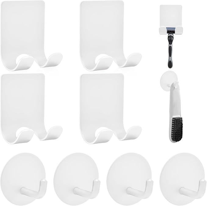 Razor Holder for Shower + Adhesive Wall Hooks, Premium 304 Stainless Steel Shower Razor Holder with Heavy Duty Waterproof Sticky Hooks for Hanging Towels, Coat, hat (4+4 Pack) - White