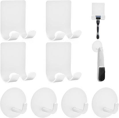 Razor Holder for Shower + Adhesive Wall Hooks, Premium 304 Stainless Steel Shower Razor Holder with Heavy Duty Waterproof Sticky Hooks for Hanging Towels, Coat, hat (4+4 Pack) - White