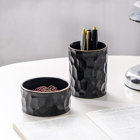 Aesthetic Desk Organizer Set of 2 For Office, Ceramic Pen Holder and Paper Clip Holder Dispenser, Cute Pencil Cup Pot for Desk, Desktop Accessories For Women Men, Office Decor Ideal Gifts (Black Set)