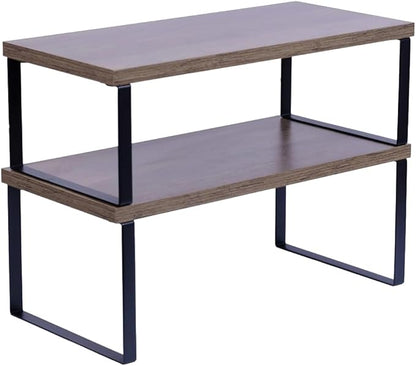 Sben Cabinet Organizer Shelf, Set of 2 Kitchen Counter Shelves, Kitchen Storage, Spice Rack, Stackable, Expandable, Metal and Engineered Wood, Ink Black and Brown Surface