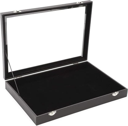 Juvale Black Velvet Jewelry Display Case Tray - 13.75 x 9.5 x 2 In - Glass Top Jewelry Box & Organizer