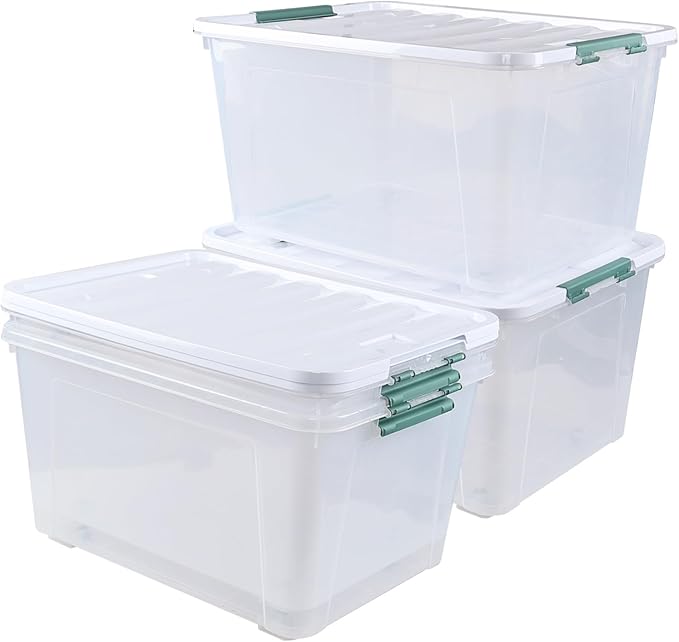 Loiycg 85 Quart Plastic Storage Bins with Wheels, Large Clear Latching Storage Box, 4 Pack