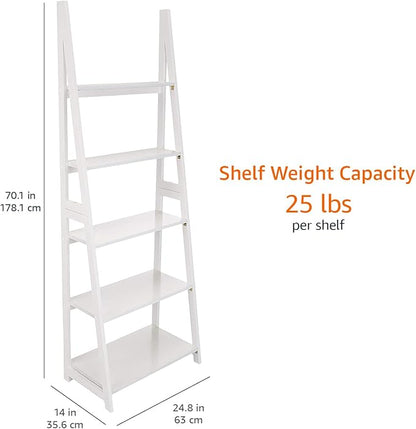 Amazon Basics Ladder Bookshelf Organizer, 5-Tier, Solid Rubberwood Frame, White Finish, 14D x 24.8W x 70.1H in
