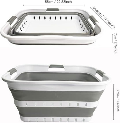 SAMMART 42L (11 gallons) Set of 2 Plastic Foldable Storage Basket/Container - Collapsible, Space Saving and Portable Laundry Hamper, Ideal for Home, Travel, Dorm, and Camping (2, White/Grey)