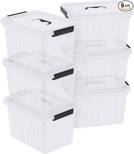 Sadstory 12 Quart Clear Latching Bin with Handle, Plastic Clear Tote Storage with Lid, 6 Packs
