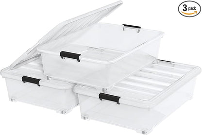 Waikhomes 50 Quart Plastic Under Bed Storage Boxes, Clear Under Bed Storage Containers with Wheels, 3-Pack