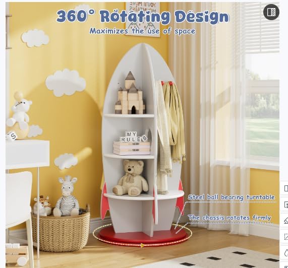 Rocket Kids Bookshelf, Space Themed Toy Storage Organizer with Coat Hooks, 360° Rotating Children's Bookcase for Playroom, Bedroom, Nursery