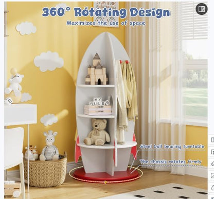 Rocket Kids Bookshelf, Space Themed Toy Storage Organizer with Coat Hooks, 360° Rotating Children's Bookcase for Playroom, Bedroom, Nursery