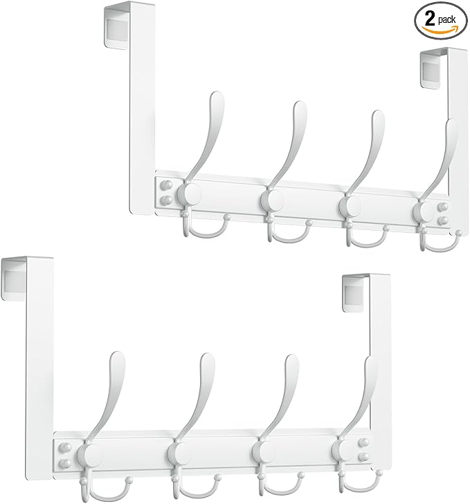 WLCSNG Over The Door Hooks Rustproof - 25lb Heavy Duty Over The Door Towel Rack, Door Hanger for Bathroom, Coat Rack Dorm Room Essentials (2Pack, White)