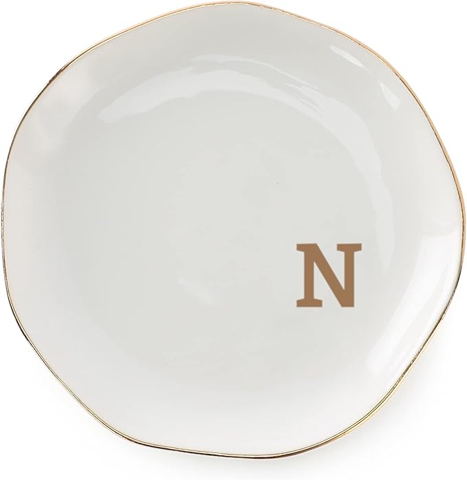 VINCOMIC Initials Ring Dish Jewery Tray with personalized N-Monogrammed Gifts Wedding Engagement for Women Friends sister,Ceramic White