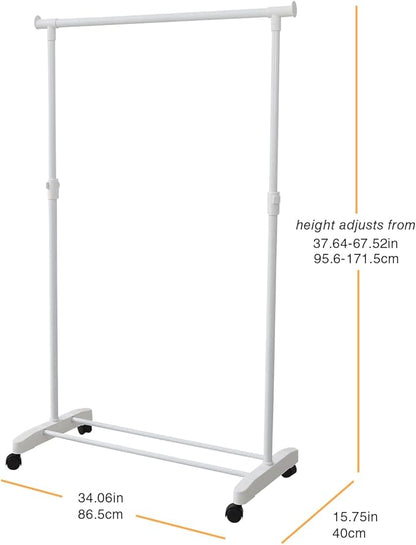 Clothing Drying Rack with Wheels, Standard Rod Simple Rolling Metal Laundry Rack Organizer, 34 Inch Wide with Bottom Shelf for Hanging Clothes Coats Skirts,White