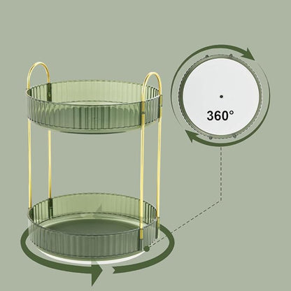 Satpurush 360° Rotating Makeup Organizer, 2 Tier Spinning Cosmetic Organizer for Vanity & Bathroom Countertop, Holds Tall Skincare Bottles, Perfume & Beauty Accessories – Clear Green