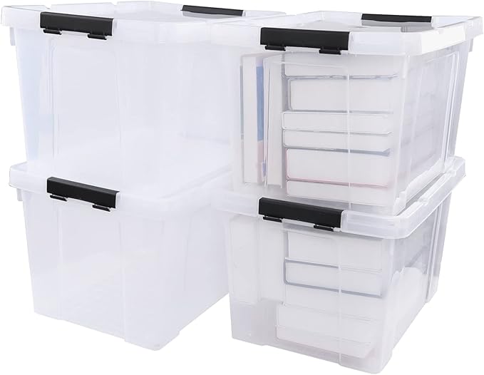 Minekkyes 4-Pack 34 Quart Clear Latching Box Totes, Plastic Storage Bin