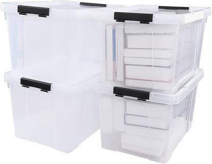 Minekkyes 4-Pack 34 Quart Clear Latching Box Totes, Plastic Storage Bin
