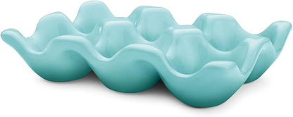 Flexzion Ceramic Egg Holder for Fridge - 6 Cups Egg Tray Half Dozen Porcelain Container Keeper Storage Organizer Decorative Serving Dish Serveware for Refrigerator Countertop Display Kitchen (Blue)