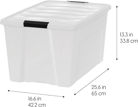 IRIS USA 72 QT Plastic Storage Box with Lid and Latches - 4 Pack - BPA-Free, Discreet Organizing Solution, Durable Nestable Stackable Containers, Secure Pull Handle - Pearl
