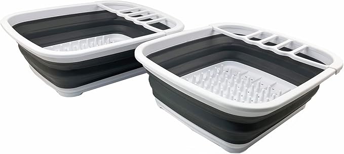 SAMMART 8L (2.11Gallons) Collapsible Dish Drainer - Foldable Drying Rack - Portable Dinnerware Organizer - Space Saving Kitchen Utensil Storage Tray (White/Steel Grey (Set of 2))