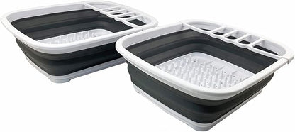 SAMMART 8L (2.11Gallons) Collapsible Dish Drainer - Foldable Drying Rack - Portable Dinnerware Organizer - Space Saving Kitchen Utensil Storage Tray (White/Steel Grey (Set of 2))