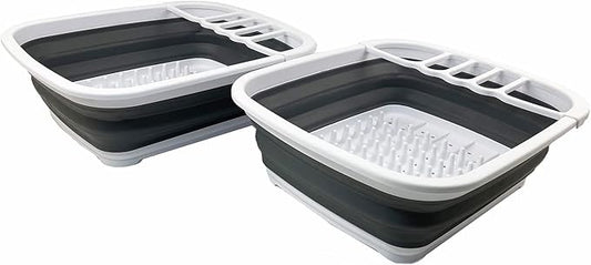 SAMMART 8L (2.11Gallons) Collapsible Dish Drainer - Foldable Drying Rack - Portable Dinnerware Organizer - Space Saving Kitchen Utensil Storage Tray (White/Steel Grey (Set of 2))