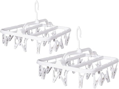 Foldable Plastic Hangers with 26 Drying Clips, Underwear Hanger with Clips, Plastic Laundry Clip and Drip Drying Hanger for Socks, Bras, Lingerie, Clothes, Sturdy, White, 2pc