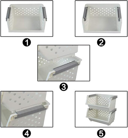 Fiaze 3-Pack White Plastic Kitchen Stackable Storage Baskets, Stackable Storage Bins Open Front for Pantry
