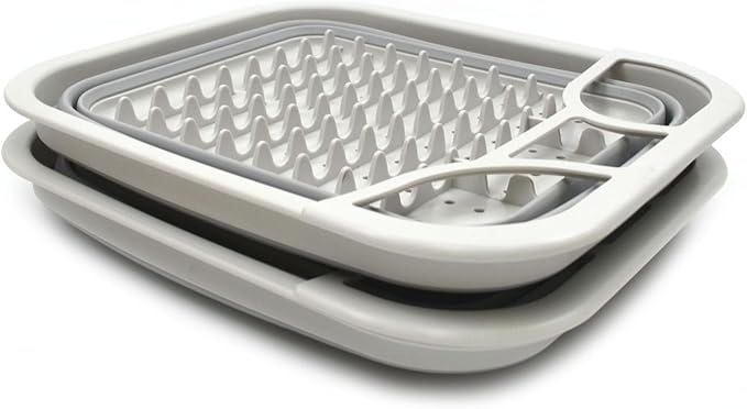 SAMMART Set of 2 Collapsible Dish Drainer with Drainer Board - Foldable Drying Rack Set - Portable Dinnerware Organizer - Space Saving Kitchen Storage Tray (2, Grey)