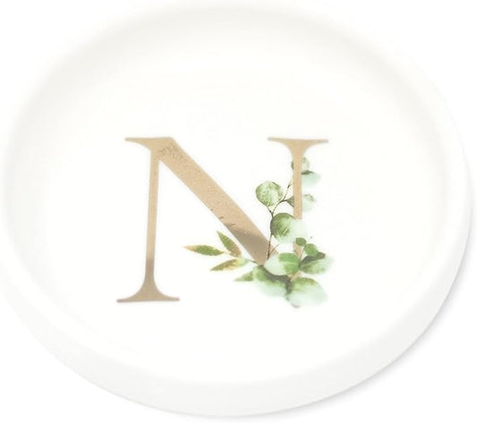 Cedar and Ink Ring Dish with Personalized N in Gold Foil & Greenery, Monogrammed Jewelry Dish, Accessories & Wedding Ring Holder, Dressing Table Tray