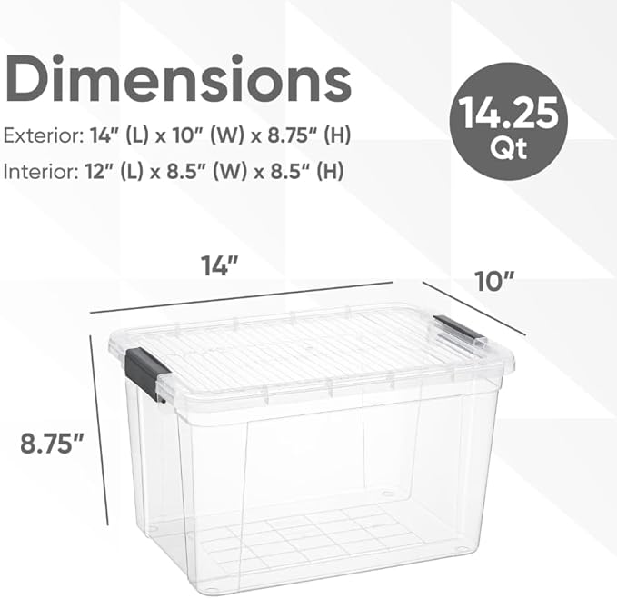 Superio Clear Storage Boxes with Lids, 14.25 Quart Plastic Container Bins for Organizing, Stackable Crates, BPA Free, Non Toxic, Odor Free, Organizers for Home, Office and Dorm, 8 Pack