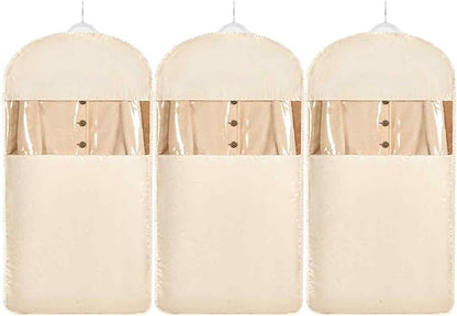 Space Saving Hanging Garment Bag with Self Compression Zipper，Dust Cover Clothes Bags for Down Coat,Dress,Suit，Closet Storage Organizer for Home Travel Use (Beige, L)