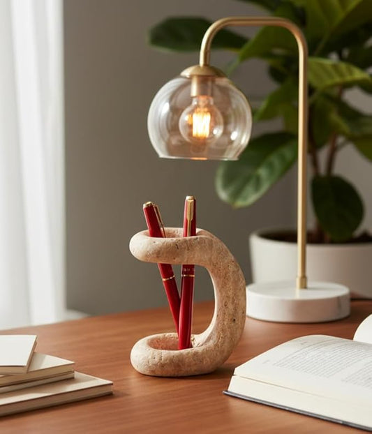 Marble Pen Holder for Desk 4 Inch Travertine Pencil Holder for Desk Accessories & Workspace Organizers - Stone Stationary Holders for Office Decor - Pen Organizer for Gifts