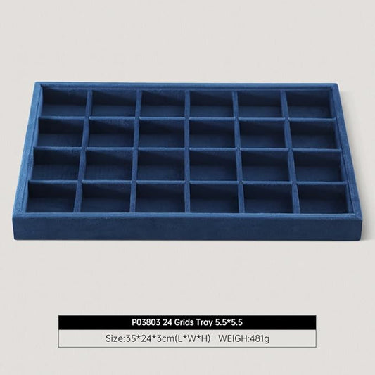 Dansmiy Velvet Stackable Jewelry Display Tray, 24 Grid Earring Ring Storage Tray, Drawer Divider Jewelry Accessories Organizer Plate (Blue)