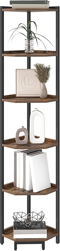 Corner Shelf Stand, Corner Bookshelf, Storage Standing Shelf Unit with Metal Frame, Plant Stand, Corner Bookcase for Living Room, Home Office, Bedroom, 6-Tier Rustic Brown CS06001B