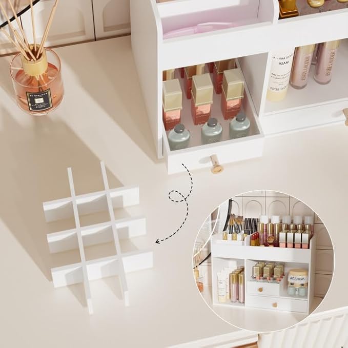 LONTAI Bamboo Makeup Organizer with Drawers, Cosmetic Storage for Lipstick Organizer Beauty Holder Skincare Organizer for Dresser Vanity Bathroom Countertop, No Assembly Required (White)