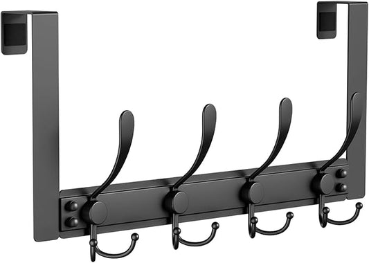 BAKON Over The Door Towel Rack with 4 Triple Hooks, Heavy Duty Over Door Hooks for Bathroom Closet Laundry Room Home Organizer, Door Hanger Coat Rack for Hanging Clothes Backpack Purse (1, Black)