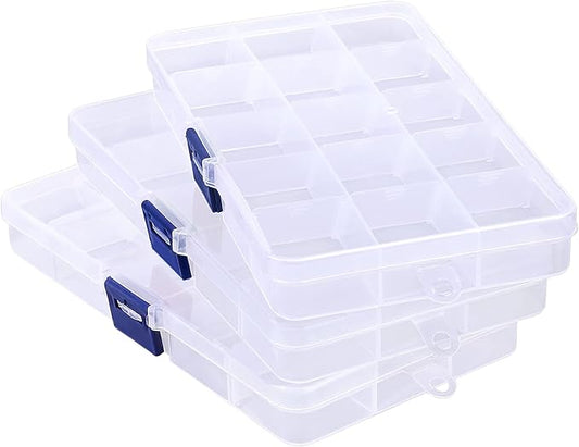 Fake Nail Storage Box, 3PCS 15-Grid Rhinestone Organizer Case with Divider, Clear Plastic Empty Container for Art Craft Sewing Screw Rock Collection Fishing Tackle, Bead Jewelry Display Holder