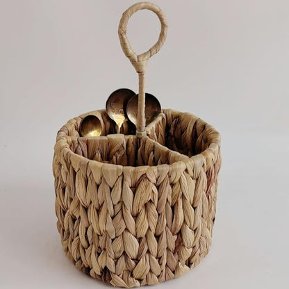 Handwoven Water Hyacinth Wicker Storage Baskets Round with Handle for Knife and Fork,Wood,17 * 17 * 13cm