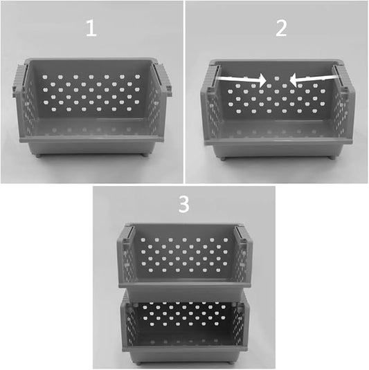 4-Pack Large Plastic Stackable Storage Basket, Plastic Kitchen Stacking Baskets, Grey