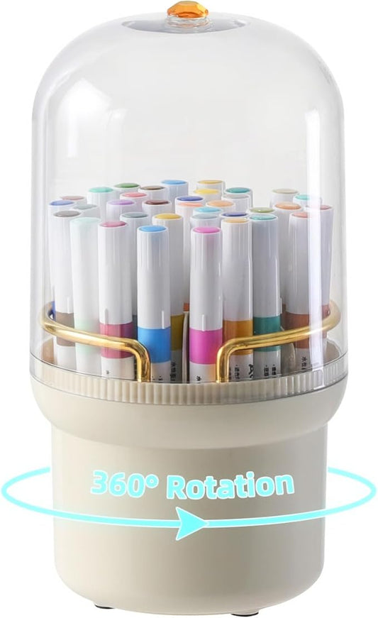 360-Degree Rotating Colored Pencil Holder with Lid, Pencil Organizer Holds 100 Long Pencils with 7 Slots for Desk, Caddy Art Supply Organizer, Multi-function Makeup Brushes Ogranizer (Ivory White)