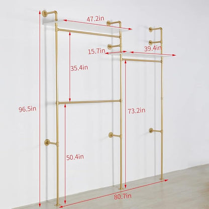 Industrial Pipe Clothing Rack Wall Mounted, Heavy Duty Hanging Clothes Rack Clothing Store Display Stands Garment Rack Closet System, 2 Tier Wood Garment Rack (Gold, 96.5x80.7inch)