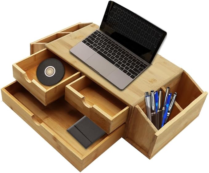 Bamboo Desk Organizer with Drawers, 2 Tier Wooden Desktop Organizer, Original Bamboo Desktop, Monitor Stands，for Office School Home Toiletries Supplies Vanity.