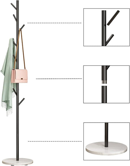 Black Metal Coat Rack, Freestanding with Hooks, Entryway Coat Rack Stand, Coat Racks with Marble Base, Coat Tree for Hanging Clothes, Hats, Bags