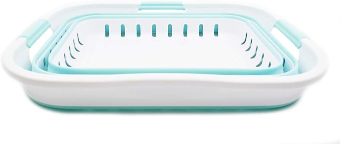SAMMART 30L (8 Gallon) Collapsible 3 Handled Plastic Laundry Basket - Foldable Pop Up Storage Container/Organizer - Space Saving Hamper/Basket (White/Lake Green)