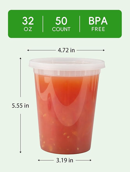 UMT Plastar 50 Pack 32 oz Plastic Food Containers with Lids BPA Free Stackable Leakproof Deli Containers for Meal Prep Slime Soup Microwave Freezer Dishwasher Safe
