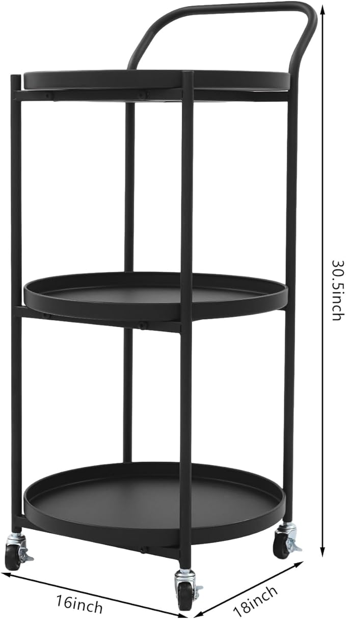 Round 3-Tier Rolling Bar Cart with Locking Wheels, Metal Serving Cart with Handle, 18" x 16" Mobile Organizer for Dining Room, Living Room, Bar (Black)
