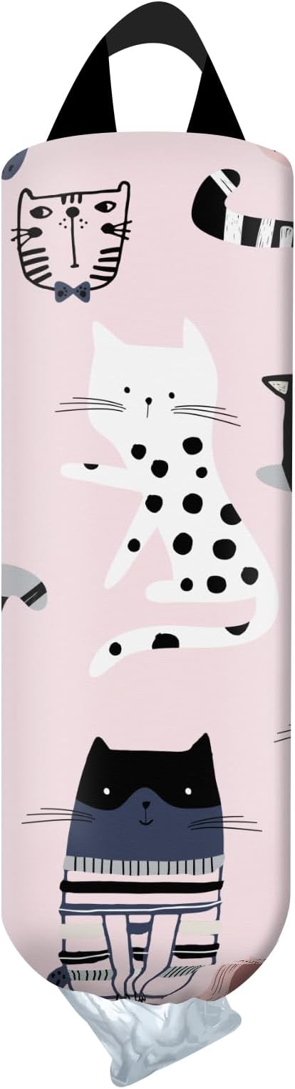 Plastic Bag Holder, Wall Mount Grocery Bag Organizer, Funny Hanging Trash Bag Storage Dispenser for Home Kitchen Cute Pink Cat
