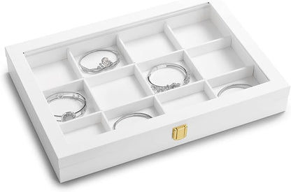Oirlv White 12 Gird Jewelry Organizer Tray with Acrylic Lid Premium Leather Jewelry Box with Transparent Lid Bracelet Bangle Watch Display Case