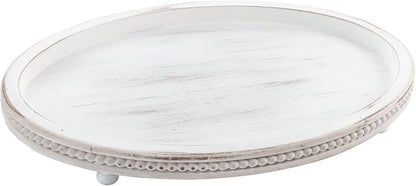 Wooden Tray,Oval Decorative Tray for Coffee Table Kitchen Dinning Table Entryway, Small Beaded Tray for Holidays, Farmhouse Centerpiece Decor Weathered White