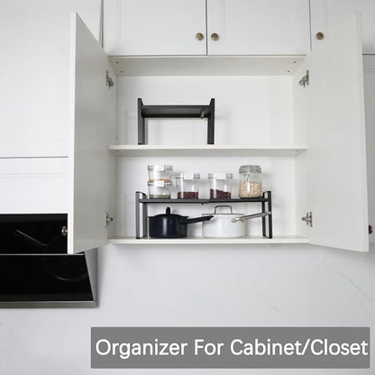 Expandable Cabinet Shelf Organizer Riser for Kitchen Pantry Cupboard Under Sink Countertop (black, 8.2’’D * 12.2-21.6’’W * 7.7’’H)